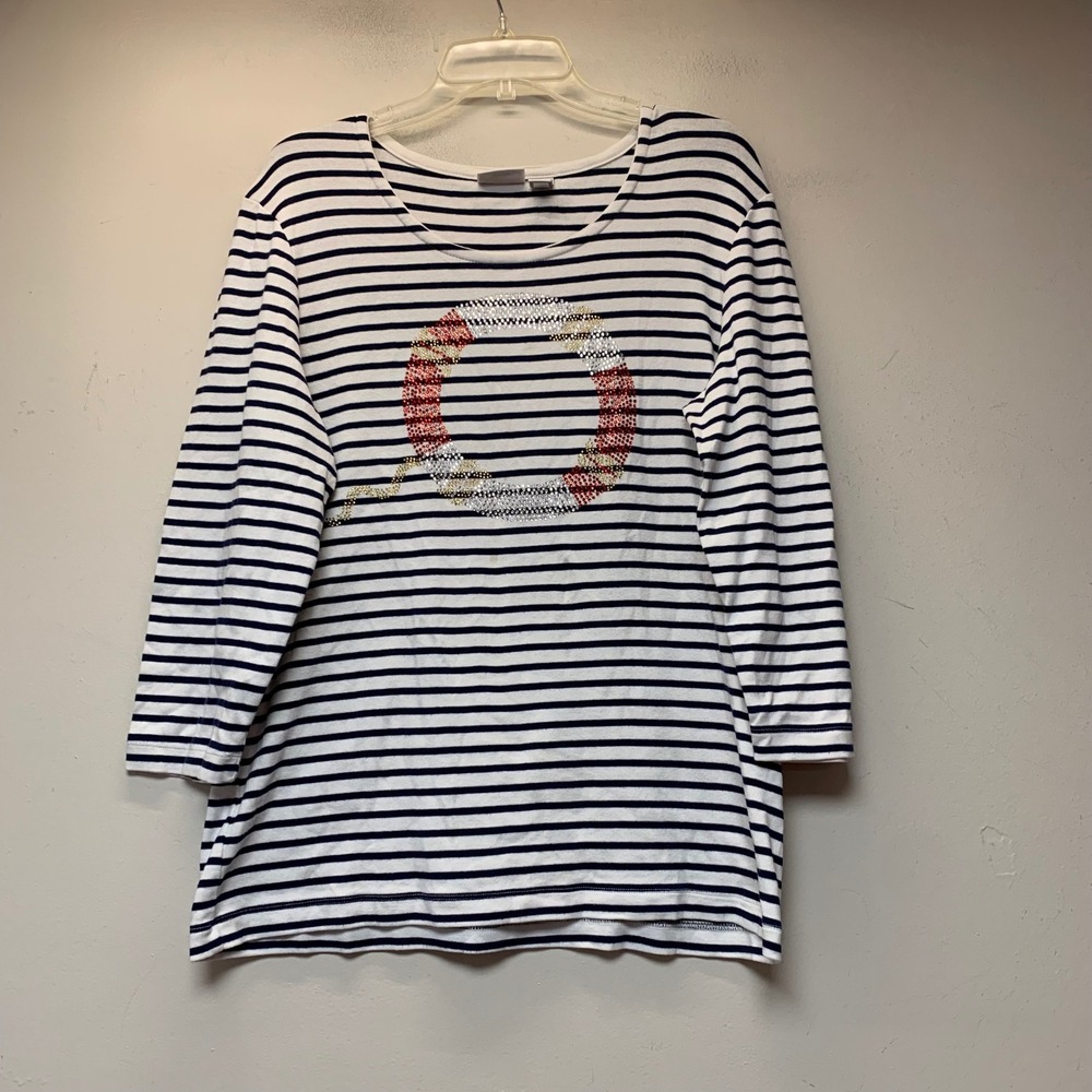 Weekends by Chico's Top Women Size 2 Navy White Striped Rhinestone Circle L